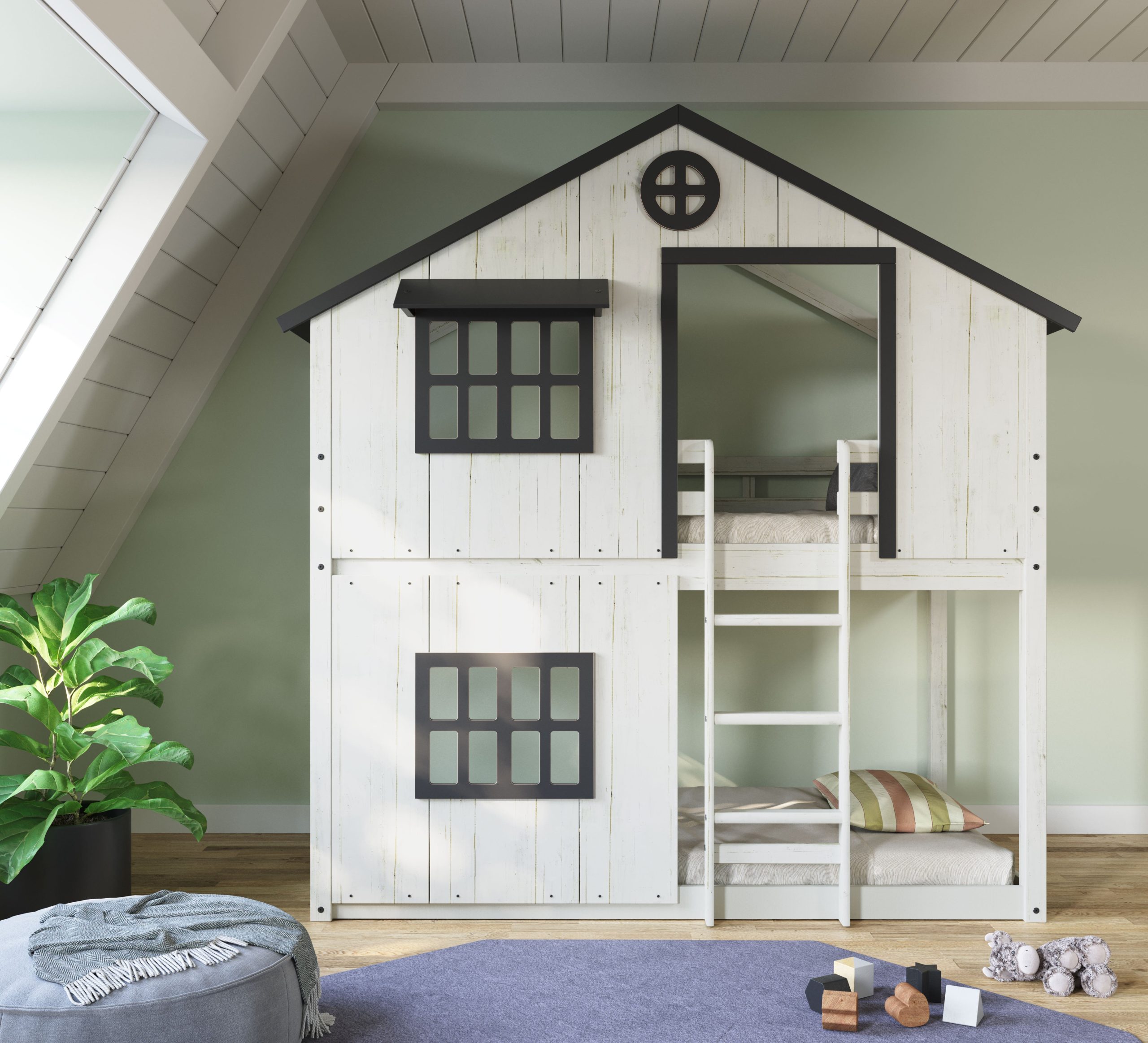 Modern Farmhouse Twin Over Twin Bunk Bed. White/Black - Image 17